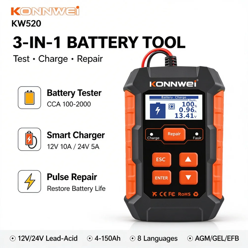 KONNWEI KW520 12V 24V Smart Battery Charger Tester Pulse Repair 10A Auto Maintainer for Car Truck AGM GEL EFB