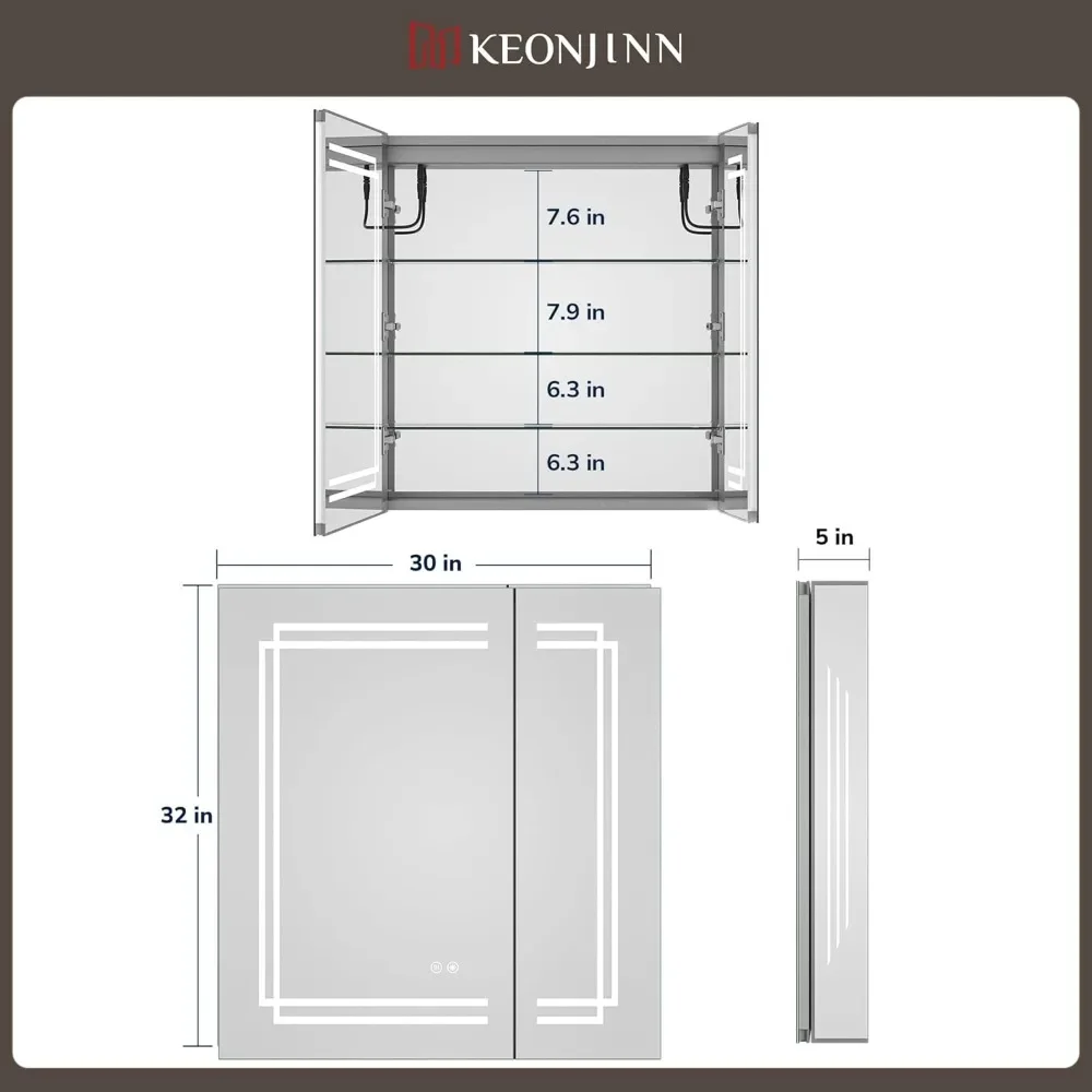 Mirror Cabinets, 30x32 Inch Lighted Medicine Cabinet with LED Vanity Mirror for Bathroom Adjustable, Mirror Cabinets