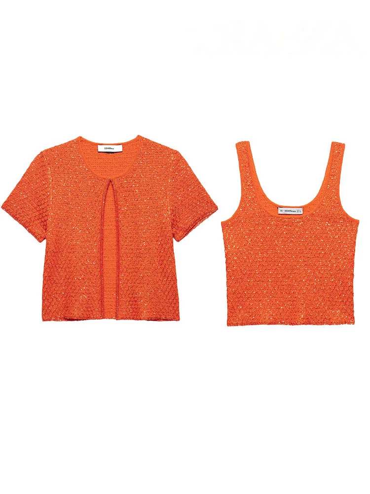 HH 3-farbige Damen-Sommermode-Oberteile, solide O-Ausschnitt, kurze Ärmel, Strickjacke + ärmelloses kurzes Oberteil, weibliche beiläufige dünne Oberteile