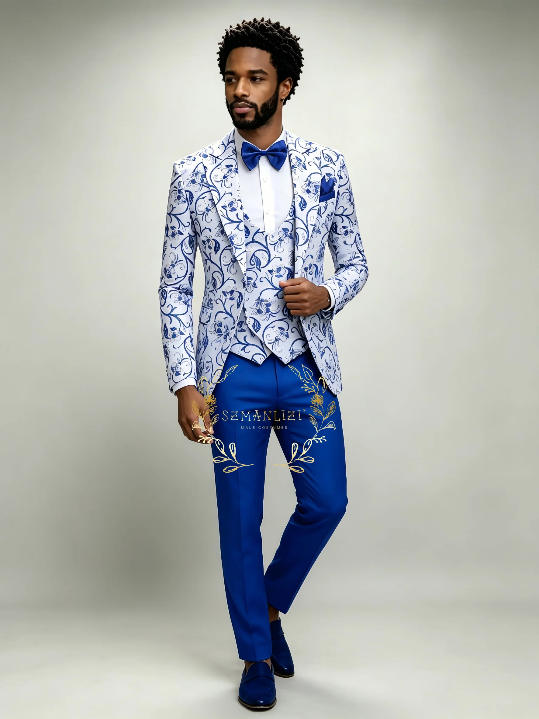 Luxury Floral Men's Suits 3 Pieces Set Peaked Lapel Single Breasted for Wedding Party Tuxedos Prom Slim Fit Blazer Customized
