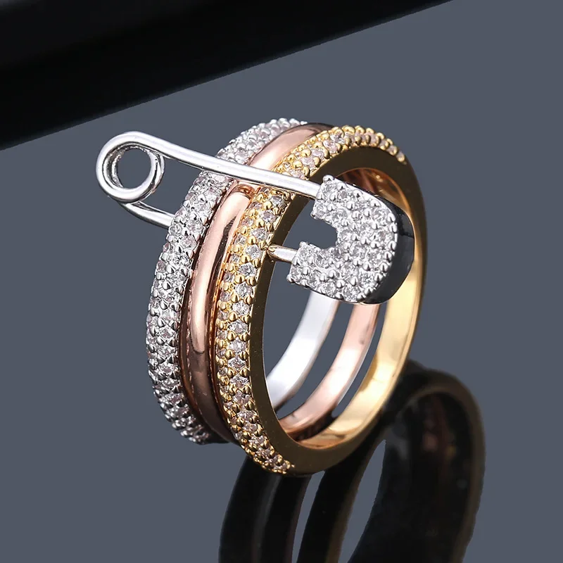 

Fashionable New Wide Face Multi Layered Rose Gold Tritone with Pin Design Zircon Ring Women's Festival Party Jewelry Accessories