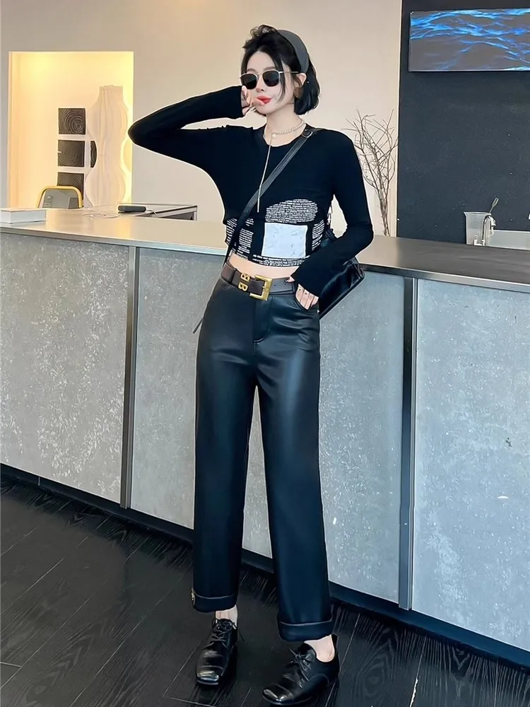 

Fleece Protein PU Leather Pants Fall/Winter New Fashion Y2k High Waist Slacks Women Plus Size Thicken Cropped Straight Trousers