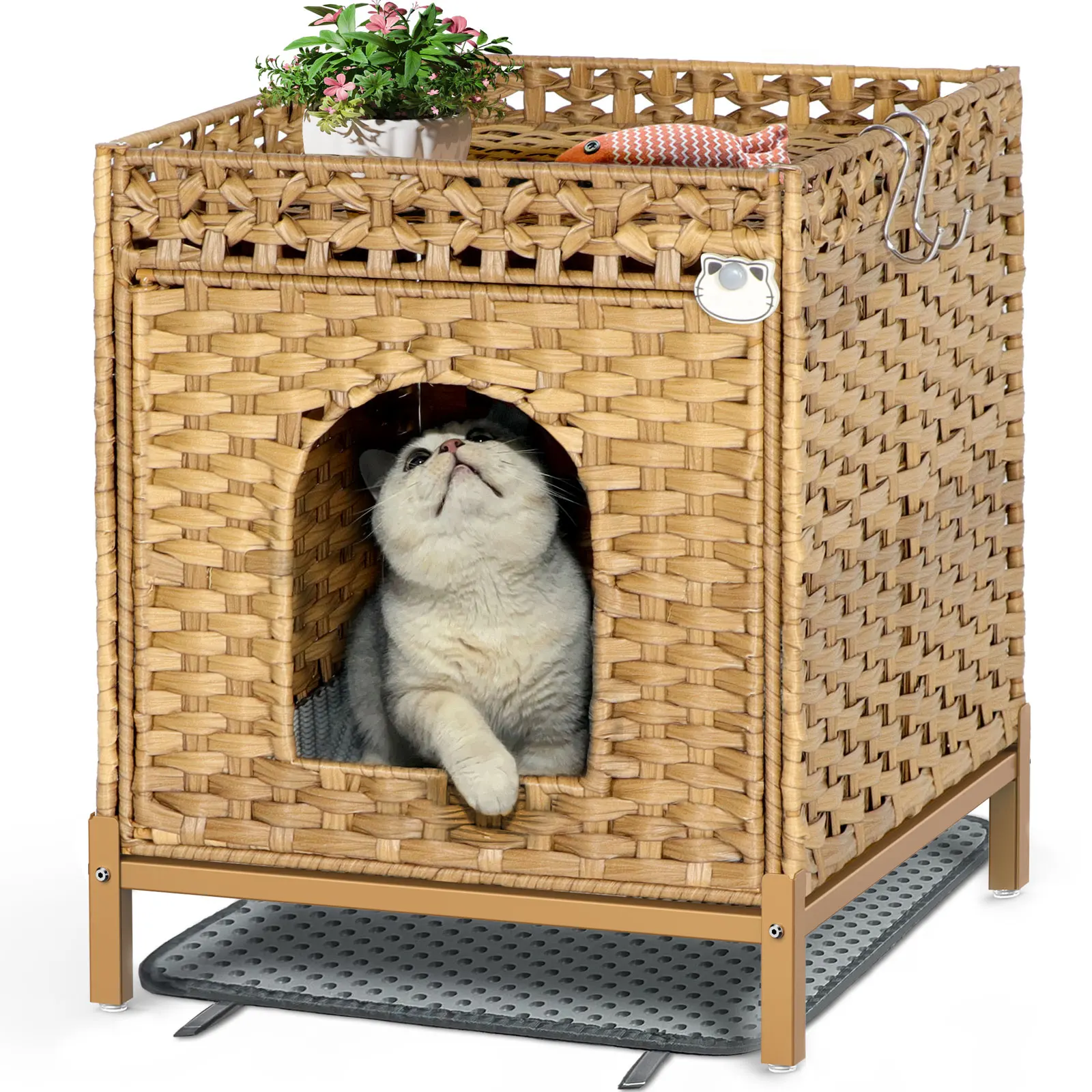 

Cat Box Enclosure With Soft Mat Hidden Washroom Furniture With Door Handwoven Rattan Cat House With Large Space
