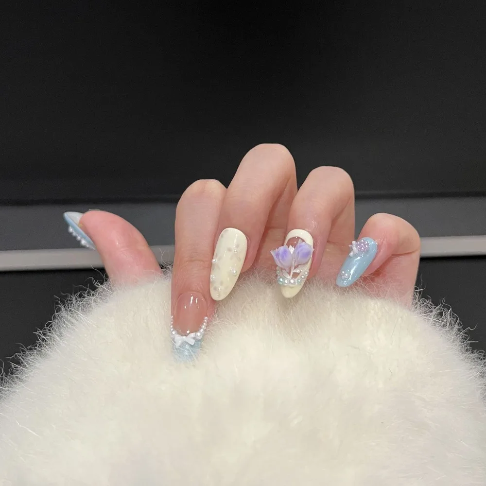 10 Pieces Pearl Rose Bow Pastel Garden Handmade Press On Nails Retro Romantic French Oil Painting Art Fake Nails Reusable