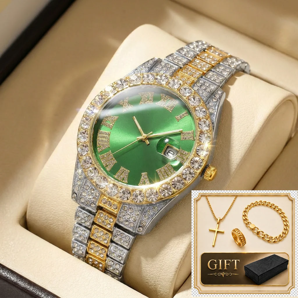 

4pcs gift box set Men's green dial alloy strap fashion jewelry details Quartz Watch Gift Box Set for party holiday