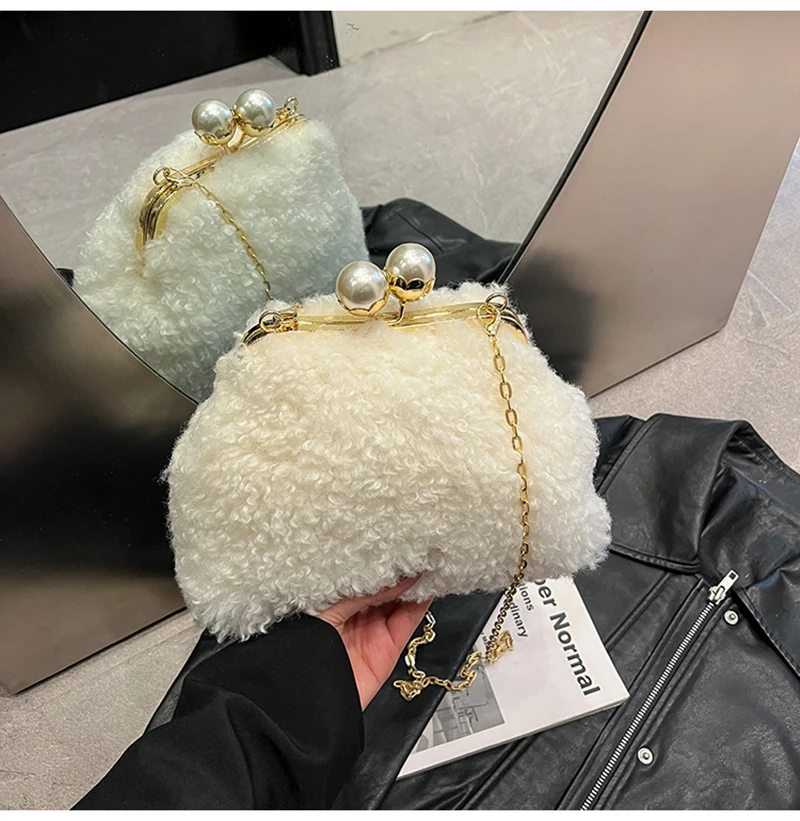 

New Pearl Furry Crossbody Shoulder Bags Plush Frame Bags For Women Winter Solid Fur Luxury Handbag Soft Fluffy Bags Korean