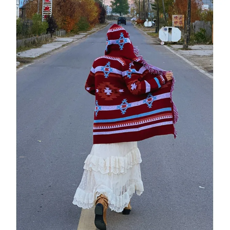 여행용 민족풍 여성 니트 스웨터 코트 레이스 스커트 롱 스웨트 루즈핏 스트리트 스타일 가을 봄 벨벳