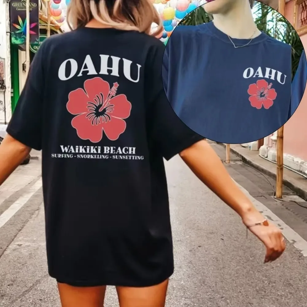 

Motorcycle2025 Summer Floral Women's Cotton T-Shirt Hawaii Family Vacation Top Hawaii T-Shirt Hawaii Travel T-Shirt Short Sleeve