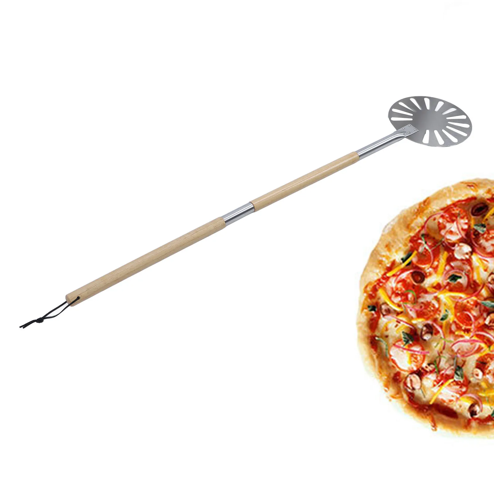 Pizza Turner Perforated Wooden Long Handle Easy To Clean Removable Handle Pizza Turning Peel 9 Inch Stainless Steel for Indoor