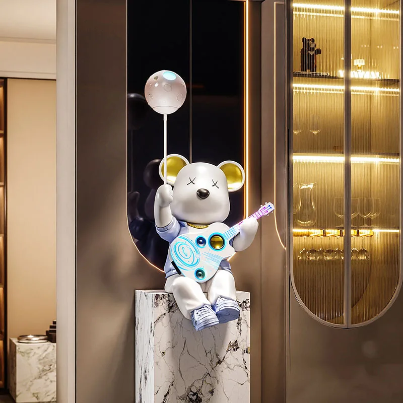 Home Decor Sitting Vitality Bear Statues Floor Ornament Starry Sky Projection Light Living Room Children's Room Decor Sculptures