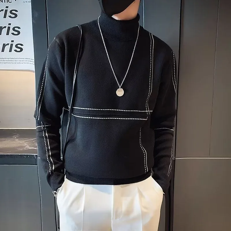 الياقة المدورة سترة الرجال الكورية نمط الخريف والشتاء قاع سترة بلون الخيوط البلوز الأعلى #4