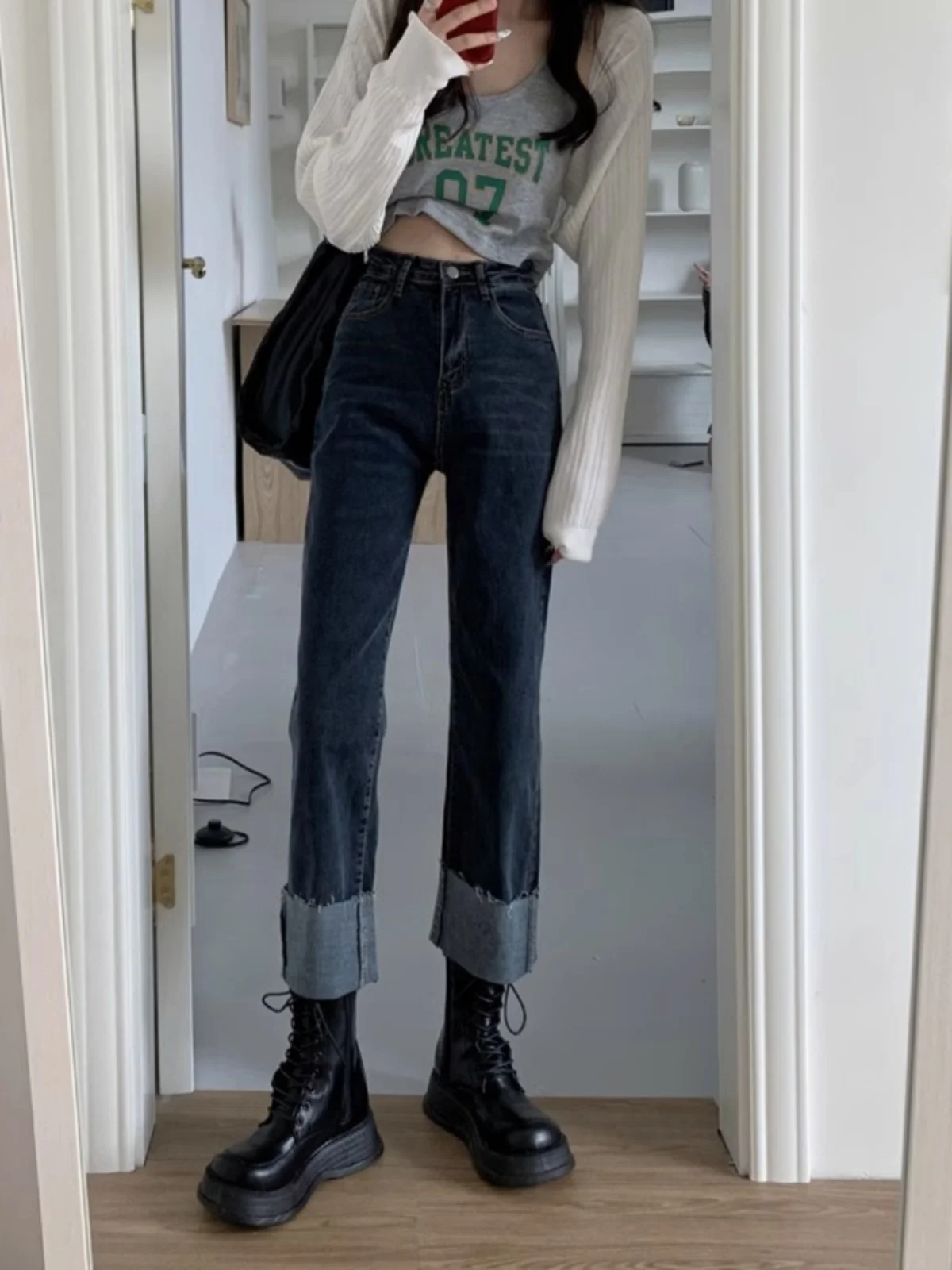 

Loose Straight Leg Cuffed Jeans Women's Spring Autumn 2024 New Small Size Large High Waist e Tube Trendy INS Cotton Stret...