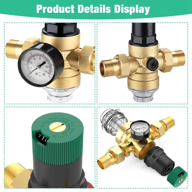 Metal Water Pressure Regulator Water 3/4 Inch, Water Pressure Regulator With Water Pressure Gauge And Mesh Filter