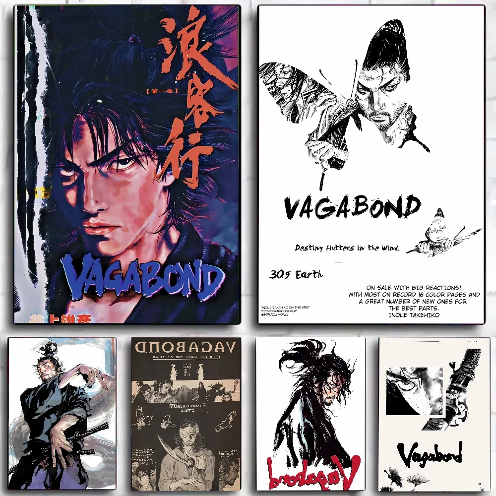 Póster artístico de Anime japonés Vintage, Manga Miyamoto Musashi Vagabond Bushido Warrior, arte autoadhesivo, pegatina de papel impermeable, 1 ud.