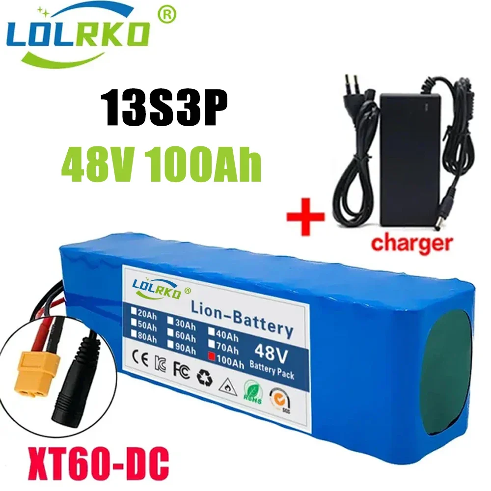 

13S3P 48V 100Ah lithium-ion battery pack with 1000W BMS, suitable for 54.6V electric bicycles, scooters, and chargers