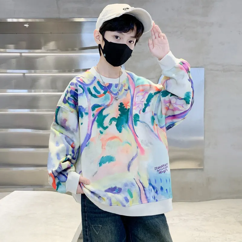 Teenage Boys Fashion Multicolor Print Sweatshirts 2024 Autumn Hot Deals Big Size Children's Clothes Korea Style Tops Outerwear