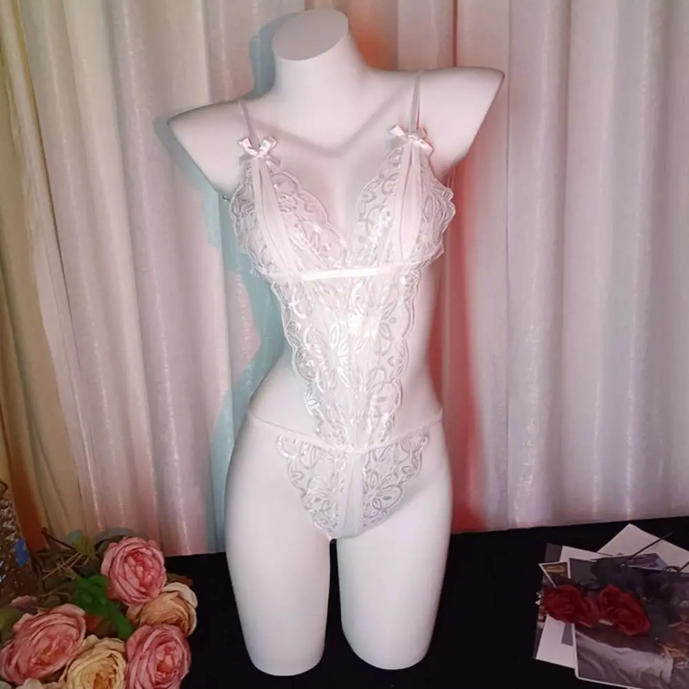 

Sweet Deep V Neck Lace Bow Bodysuit Mesh Hollow Transparent Women Lingerie Sleeveless Jumpsuits Lace Sling Nightwear Gifts