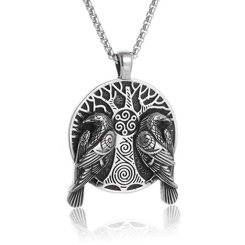 Retro Norse Mythology Double Raven Tree of Life Pendant Necklace for Men Personality Charm Hip Hop Cool Casual Jewelry Gift