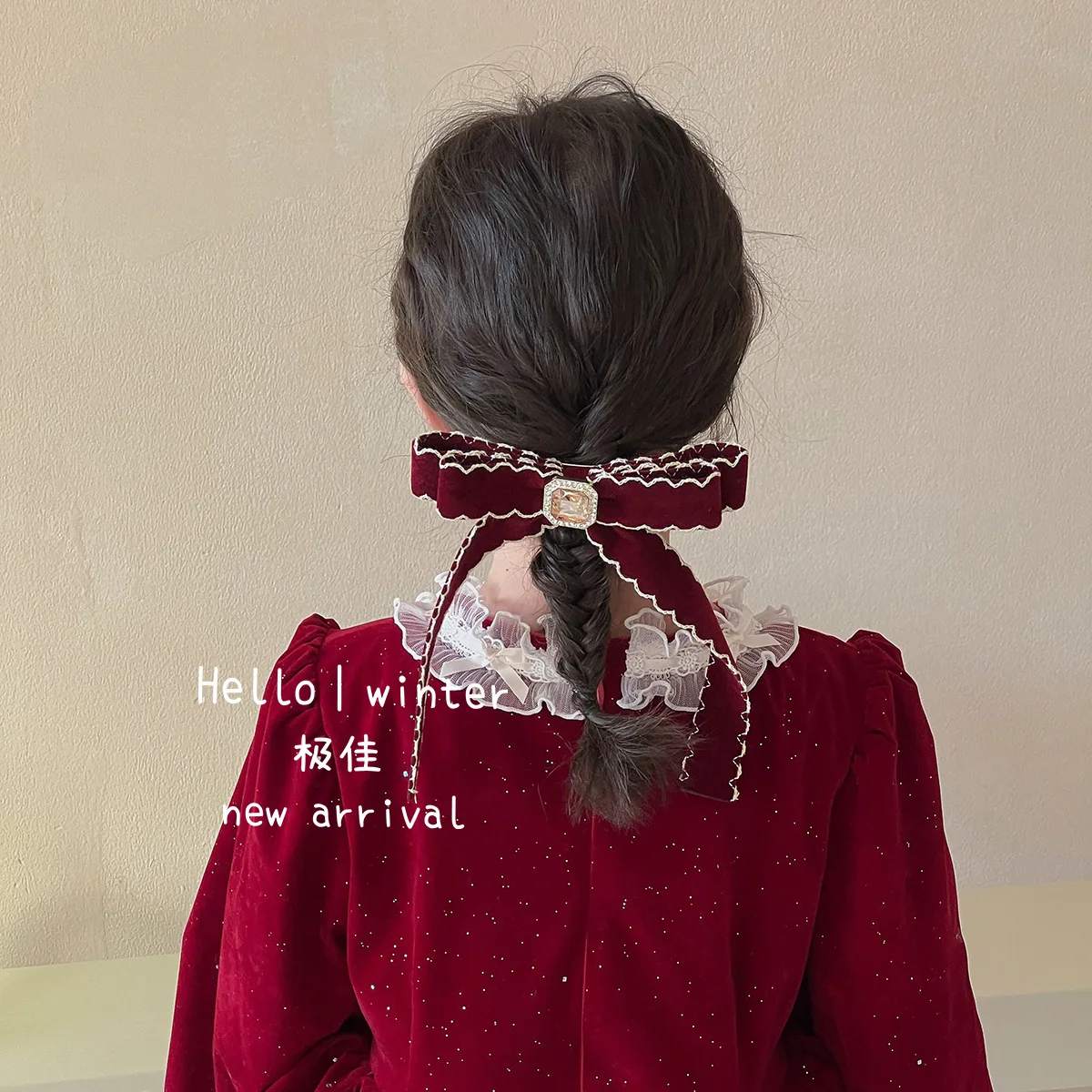 Hair Clips Hair Ties Vintage Bow Half Up Rhinestone Korean Premium Single Knot Red Fabric Small Lightweight New Year