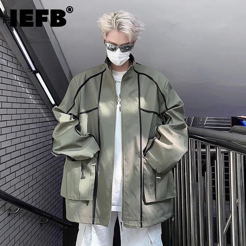 

IEFB American Male Jacket Casual Contrast Color Stripe Zippers Vintage Stand Collar Loose Men‘s Coats Autumn 2024 Chic 9C6700