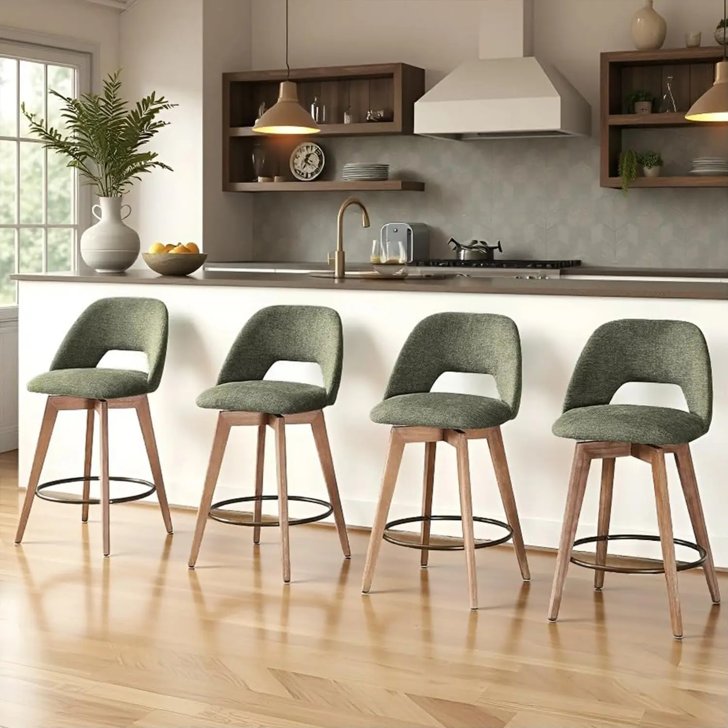 

Modern Green Bar Stools Set of 4, 26' Counter Height with Open Back & Natural Wood Legs, Linen