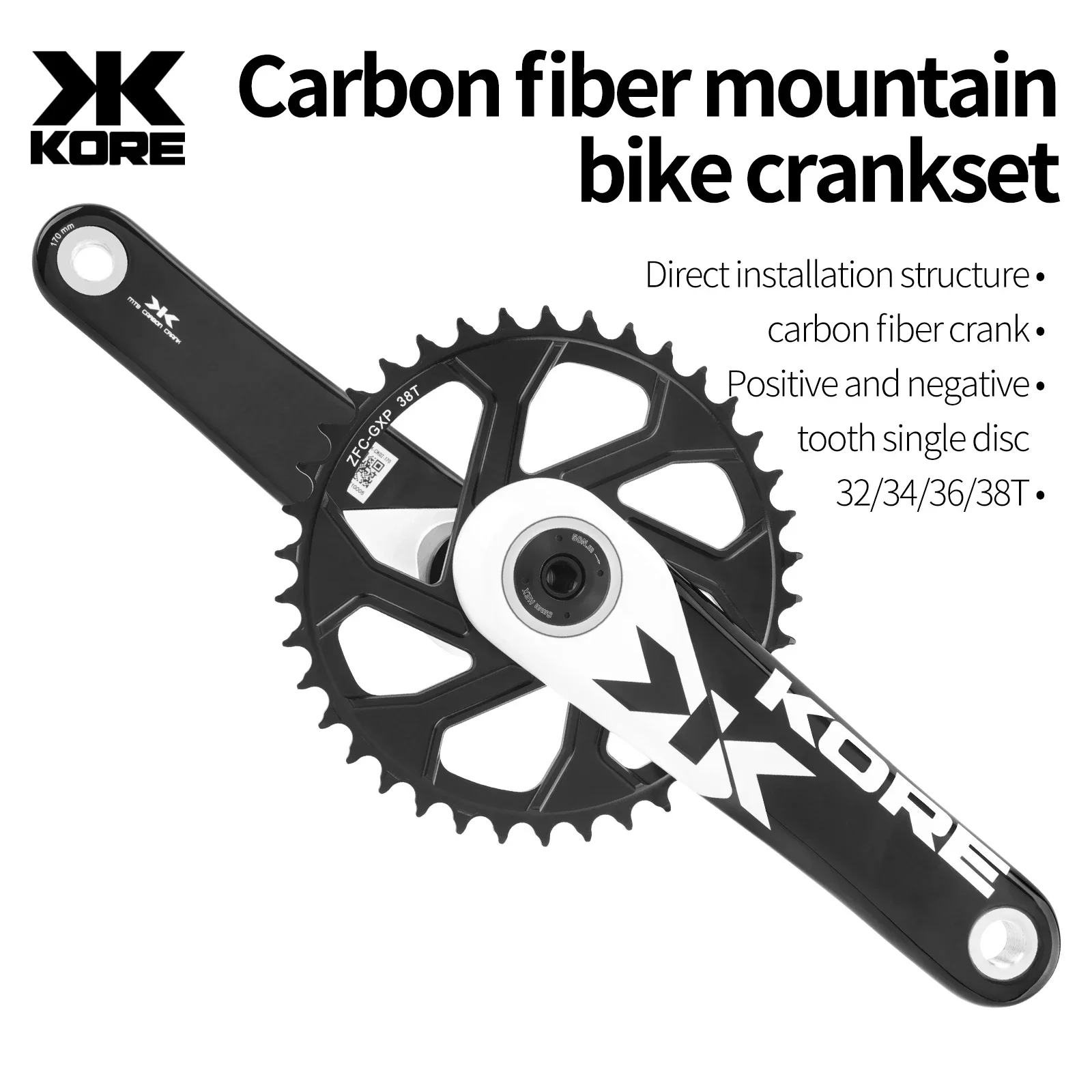 KORE Carbon Fiber Mountain Bike Crank 170mm 32t/34t/36t/38t Ultra-Light 480g High Strength T800 Carbon Fiber Mtb Crankset