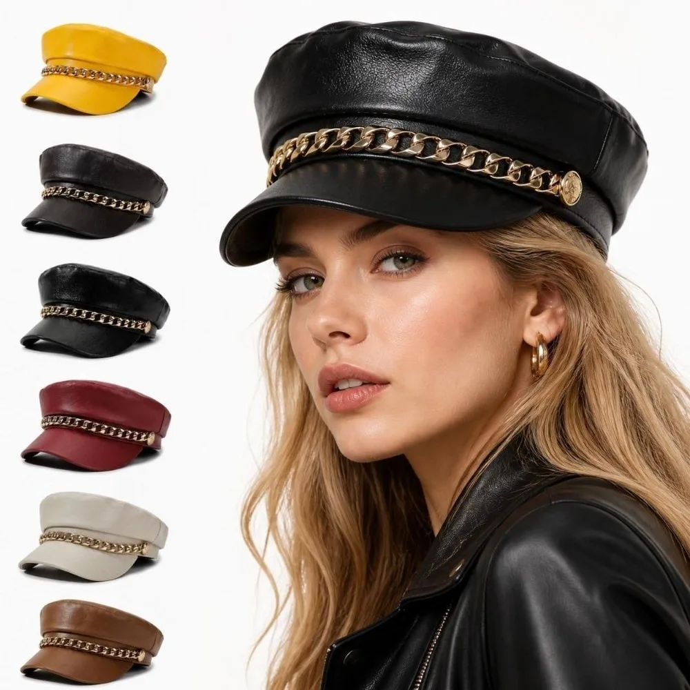 Retro PU Leather Newsboy Cap Solid Color Chain Decor Baker Boy Cap Adjustable Strap Faux Leather Beret Hat Casual Street Wear