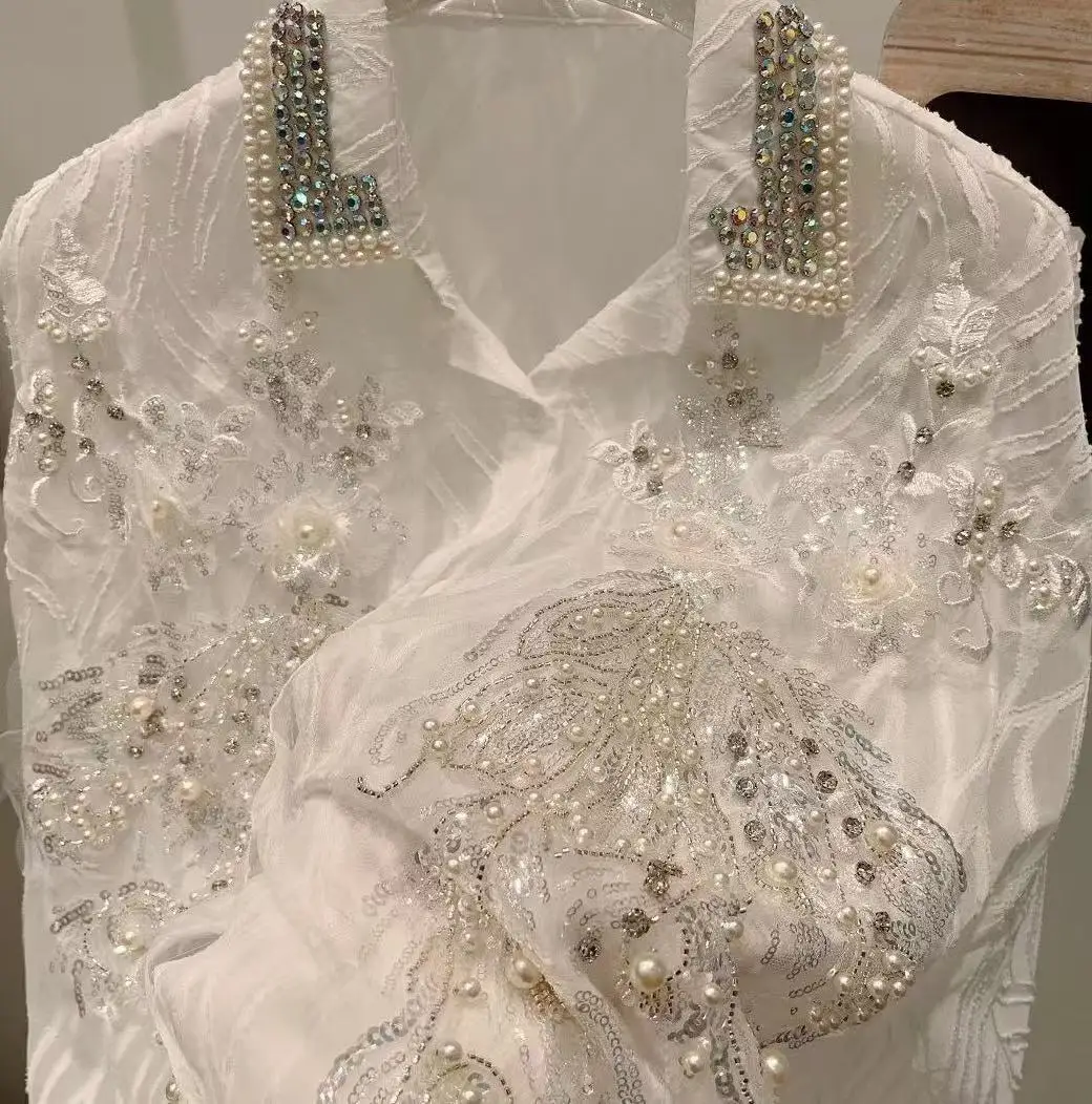 แบรนด์หรู Oversize Beaded Sequined Stitch ผู้หญิงเสื้อแขนยาวเสื้อสุภาพสตรี Elegant ความยาวกลางสีขาว Y2K Top