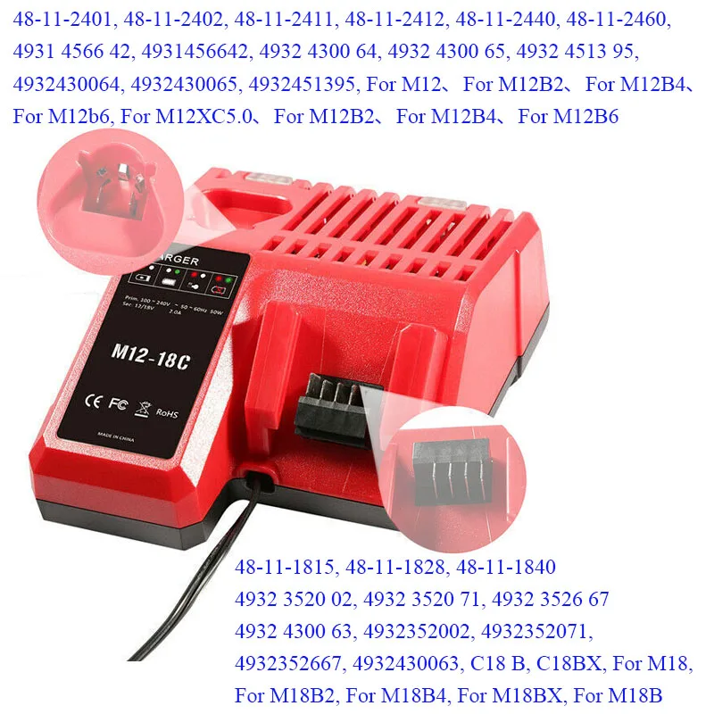 dawupine M12-18C Li-ion Battery Charger For Milwaukee 10.8V 12V 14.4V 18V C1418C 48-11-1815/1828/1840 M18 M14 M12 Battery