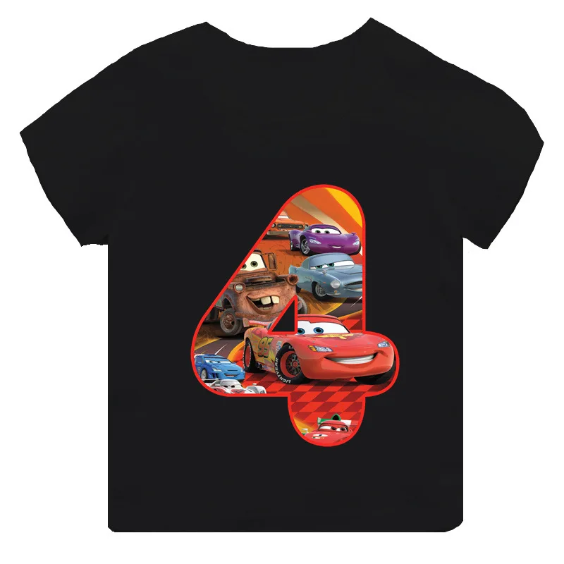 Car Pixar Lightning McQueen Number 1-9 Printed T-Shirt Solid Color Playful Short Sleeve Neat Cotton Top Uniquely Designed Cloth