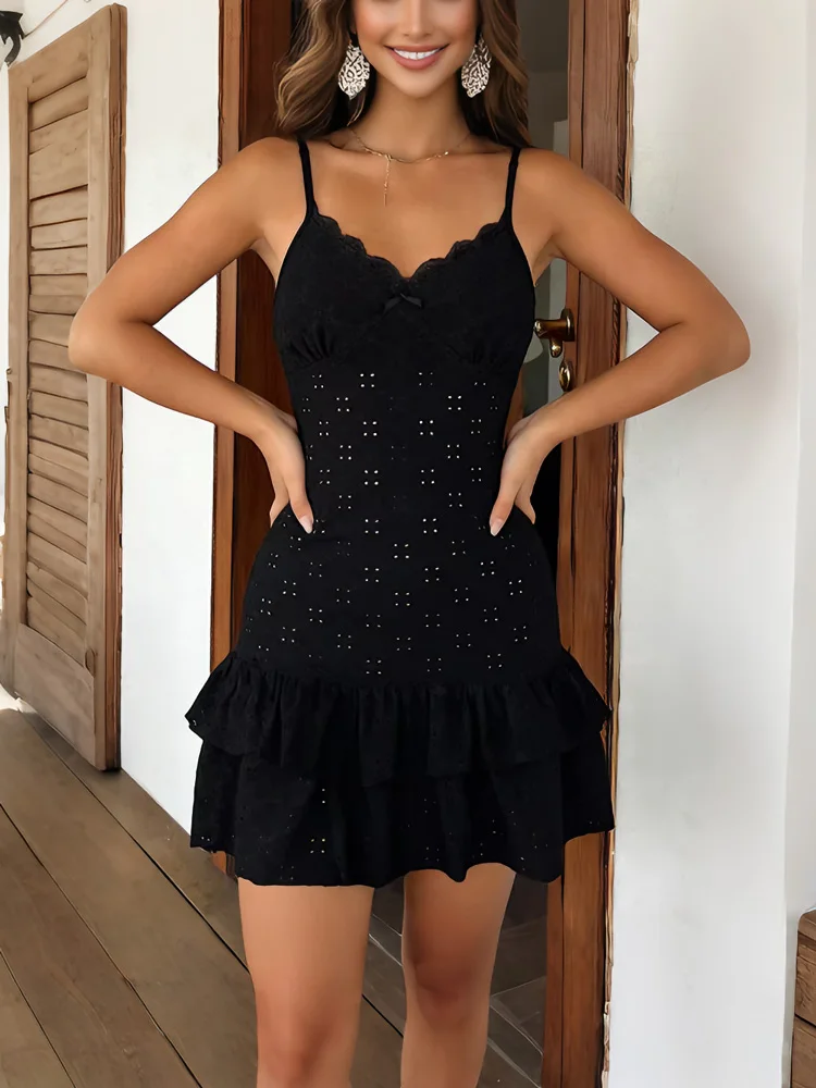 

Tossy Black Knit Lace Mini Dress Women's Ruffled Tee Bow Backless Spaghetti Summer Hollow Out Dress Female Knitwear Halter Dress