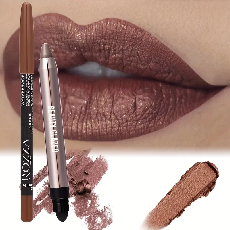 2pcs Set Metallic Lip Color Combo,Neutral Eyeshadow Stick,Waterproof Long-lasting,Shimmer Matte,Glitter Metallic Lip Gloss