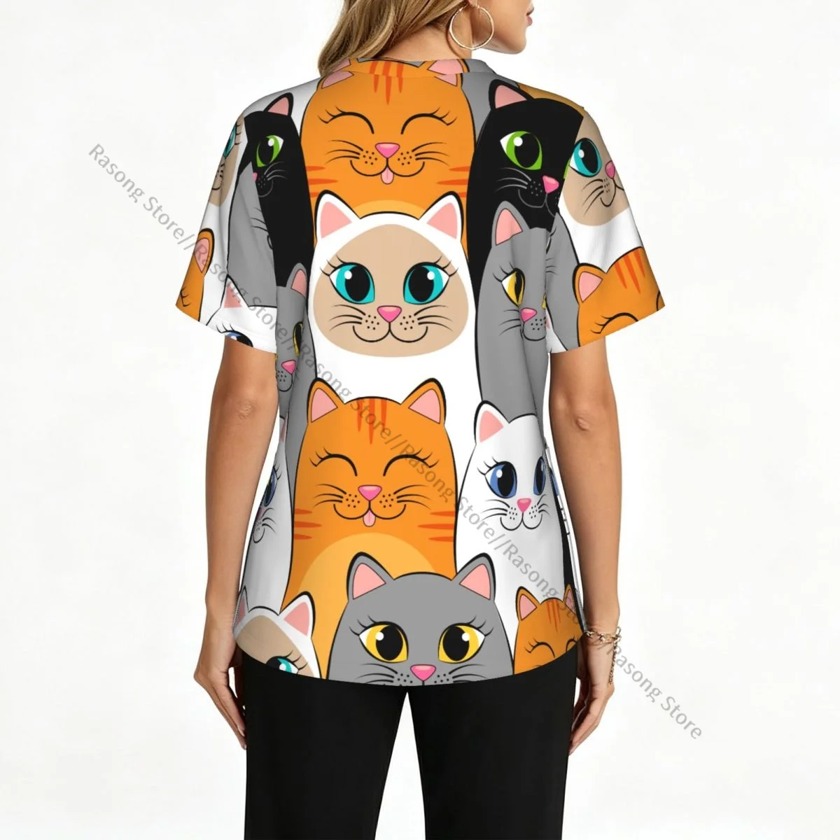 Women Scrubs Blouse Medical Nurse Clinical Scrubs Top Gray White Ginger And Siamese Kittens Cats Operating Room Work T-shirt