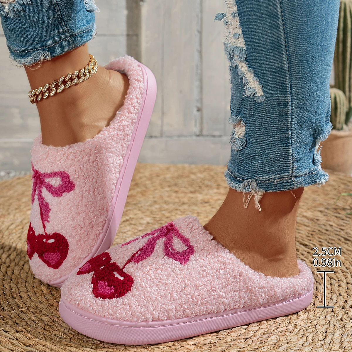Cherry Bow Cute Fruit Pattern Girl's Winter Slippers Bedroom Warm Comfy Indoor Casual Soft Women Interesting Fuzzy Home Shoes