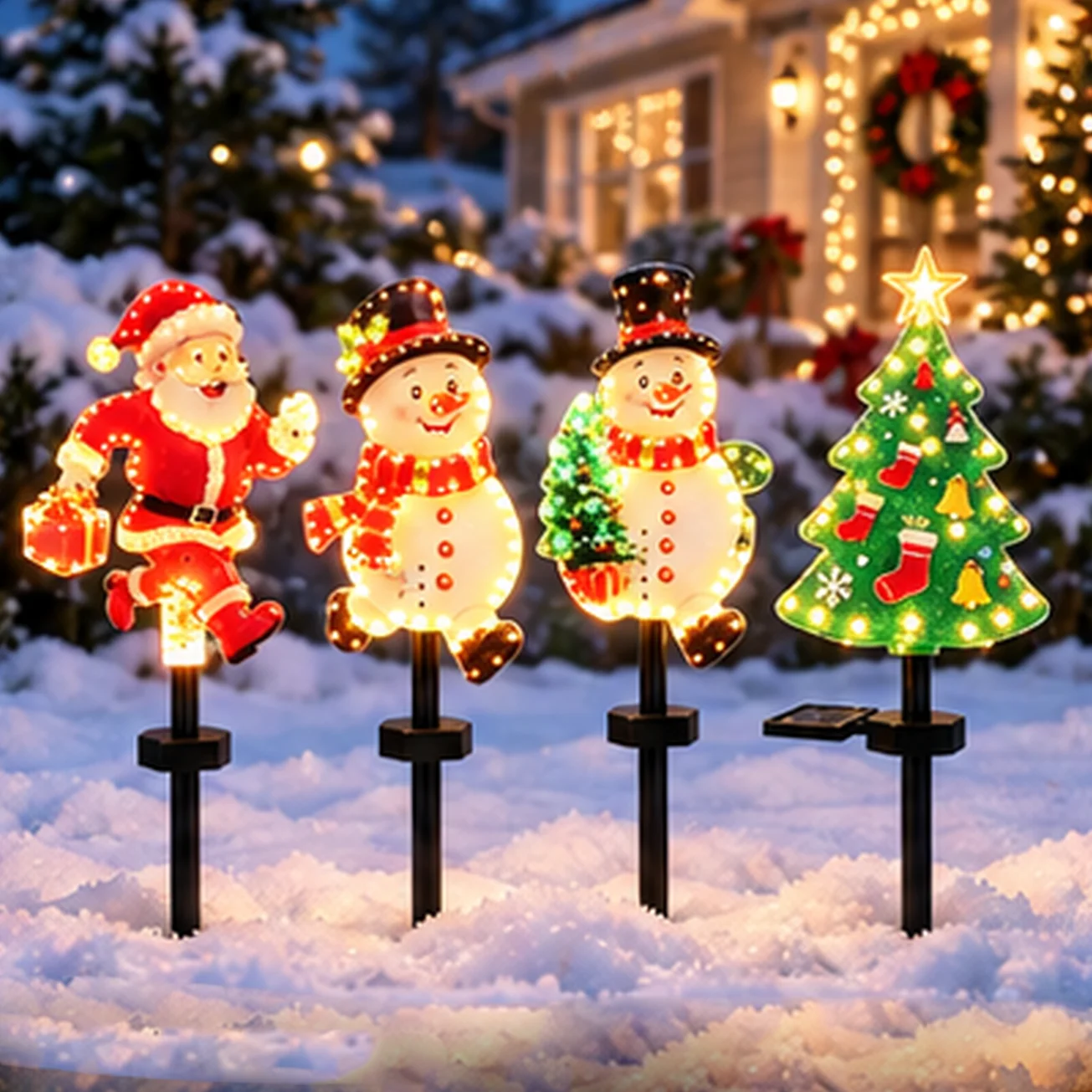 Solar Christmas Garden Stake Lights Santa Snowman Xmas Tree LED Light Waterproof Outdoor Yard Pathway Holiday Decoration Lamp