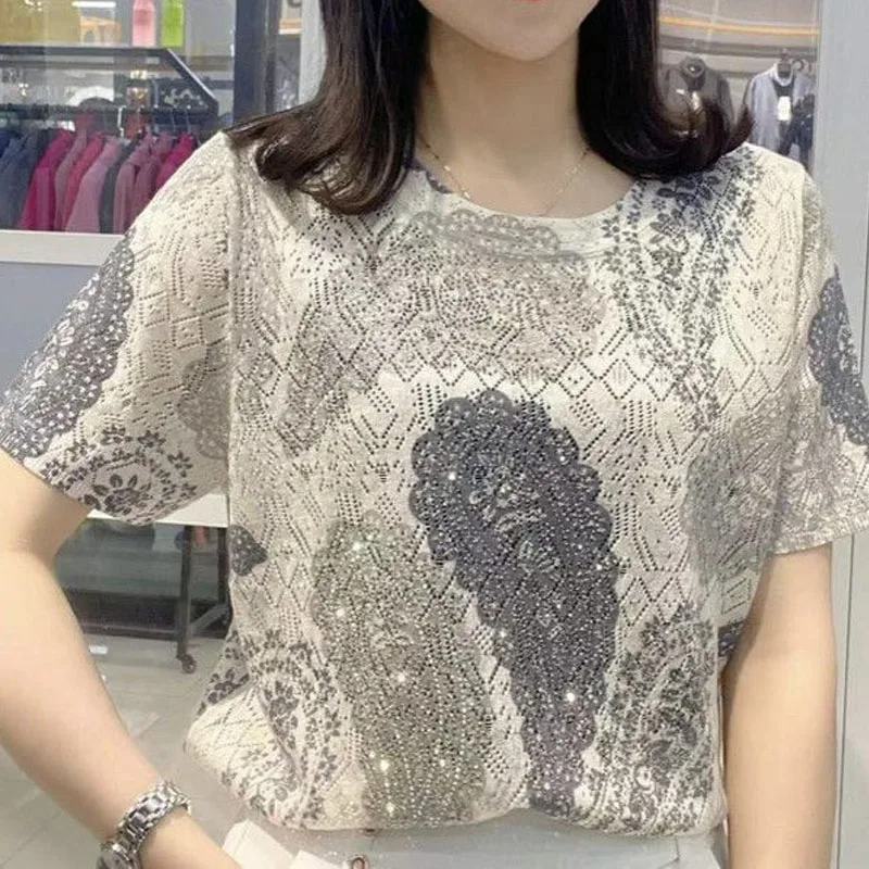 

Fashion All-match Female Round Neck Printing T-shirt Women's Clothing 2023 Summer Korean Elegant Short Sleeve Diamonds Tops