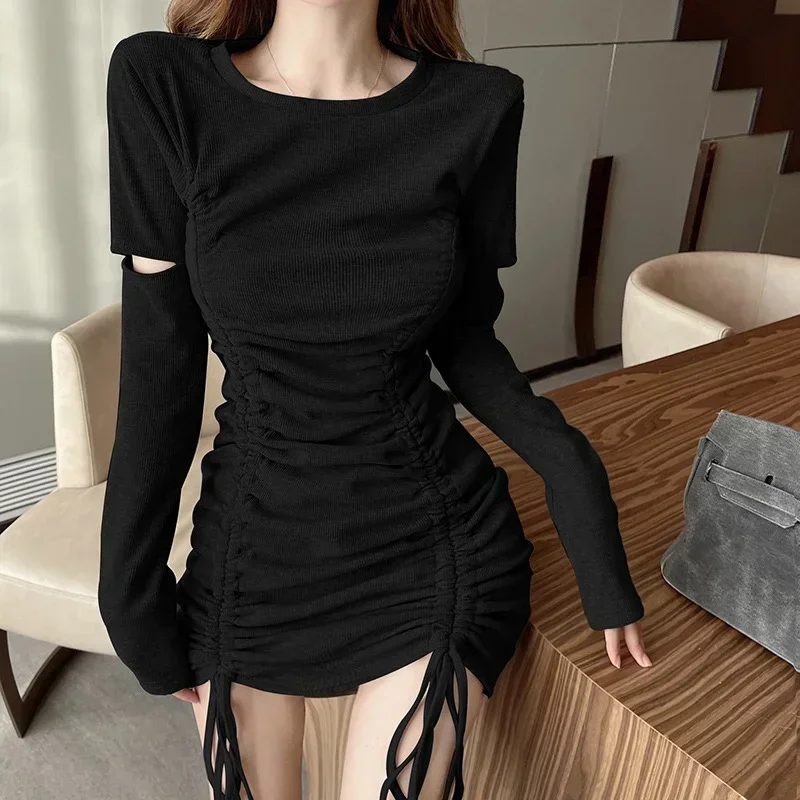 

New Drawstring Dress Spring Summer Bag Hip Hollow Out Dresses Women Korean Temperament High Waist Tight Vintage Vestido Y2k 원피스