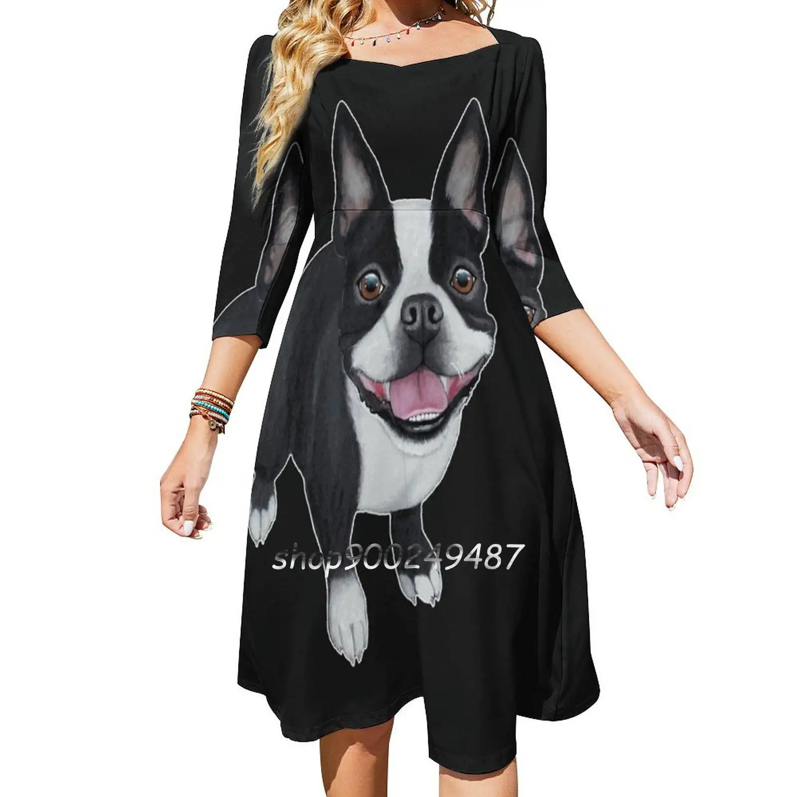 Boston Terrier Slim Dress With Hollow Waist Autumn Winter Sexy Multiple Styles Dresseses Canine Dog The Gentleman Toy Dogs