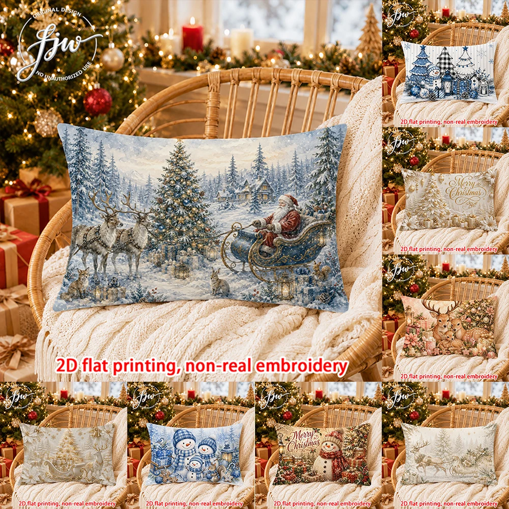 1pc Christmas Vintage Winter Scene Throw Pillow Covers Farmhouse Xmas Santa Deer Snowman Decorative Cushion Cases for Sofa Couch