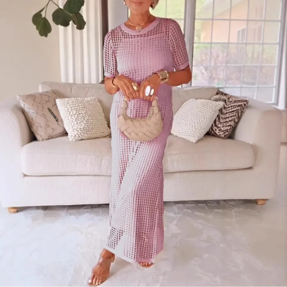 Zweiteiliges, körperbetontes Damenkleid mit Rundhalsausschnitt und Ausschnitt, lässig, Sommer, 2025, modisch, eleganter Stil