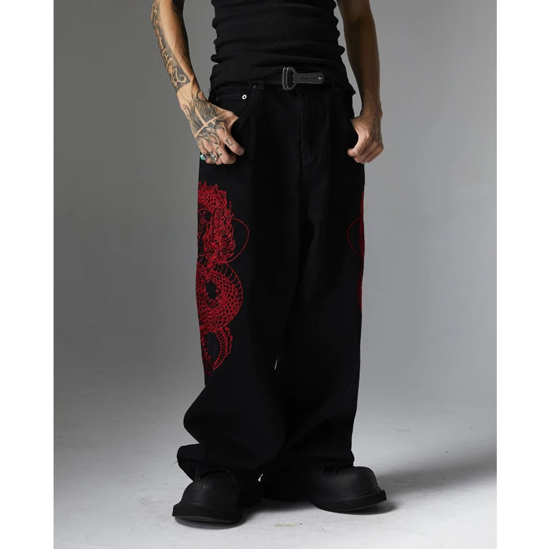 Men's Black Baggy Jeans Dragon Embroidered Straight Jeans Streetwear Hip Hop Loose Trousers Male Luxury Designer Denim Pants