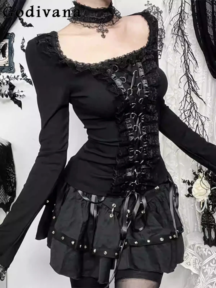 New Spring Autumn Personality Gothic Subculture Black Lace Sexy Long Sleeve Top Women Fashion High Waist A-line Lace-up Skirt