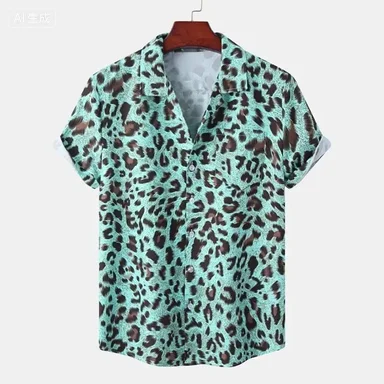 3D Printed Leopard Print Men's Shirt  Fashionable and Casual Summer Short Sleeved Beach Shirt