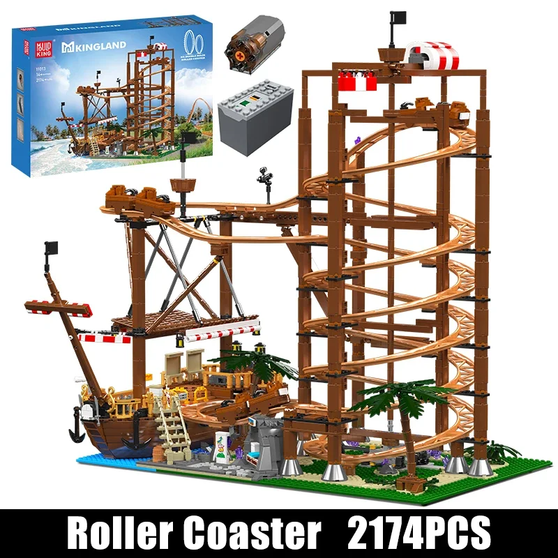 Mold King 11013 Creatief Speelgoed De MOC Dubbele Helix Achtbaan met Piratenschip Bouwsteen Baksteen Kinderen Kerstcadeau