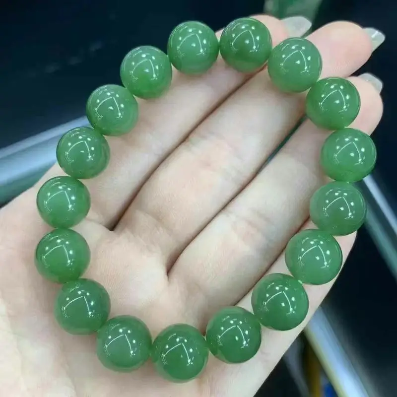 Natural Hetian Old Russian Jade Single-Loop Bracelet With Green Pendant, Fashionable And Versatile