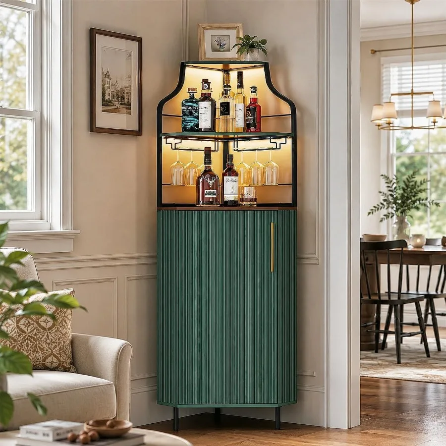 Corner Bar Cabinet with LED Strip, 4-Tiers Liquor Cabinet
