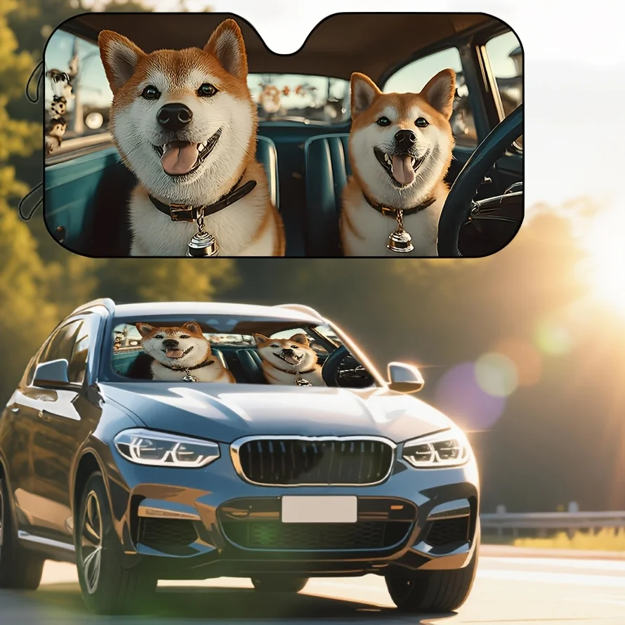 Premium Car Sunshade With Adorable Shiba Inu Design – UV Protection, Heat Reduction, And Scratch-Resistant Dashboard Cover For A