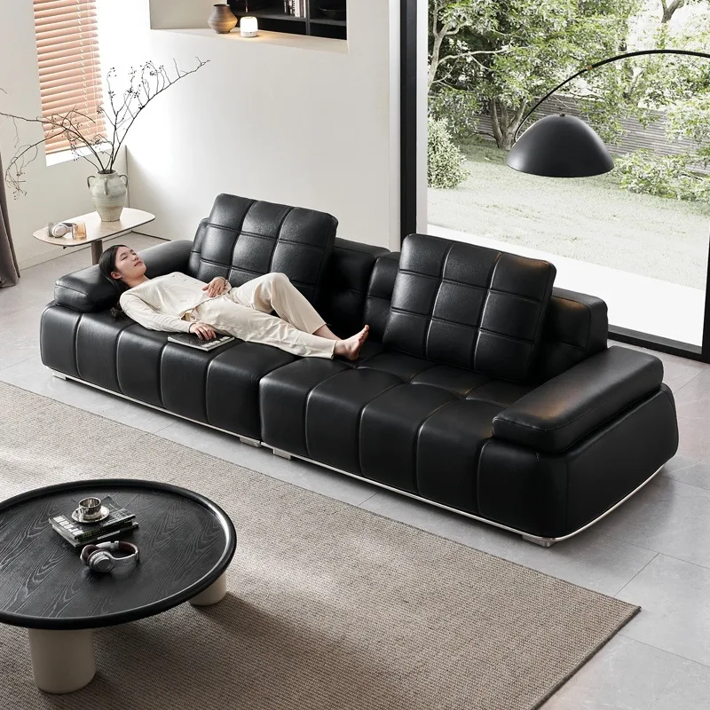 

Italian leather sofa designer big seat deep middle and ancient villa high backrest straight row three full leather