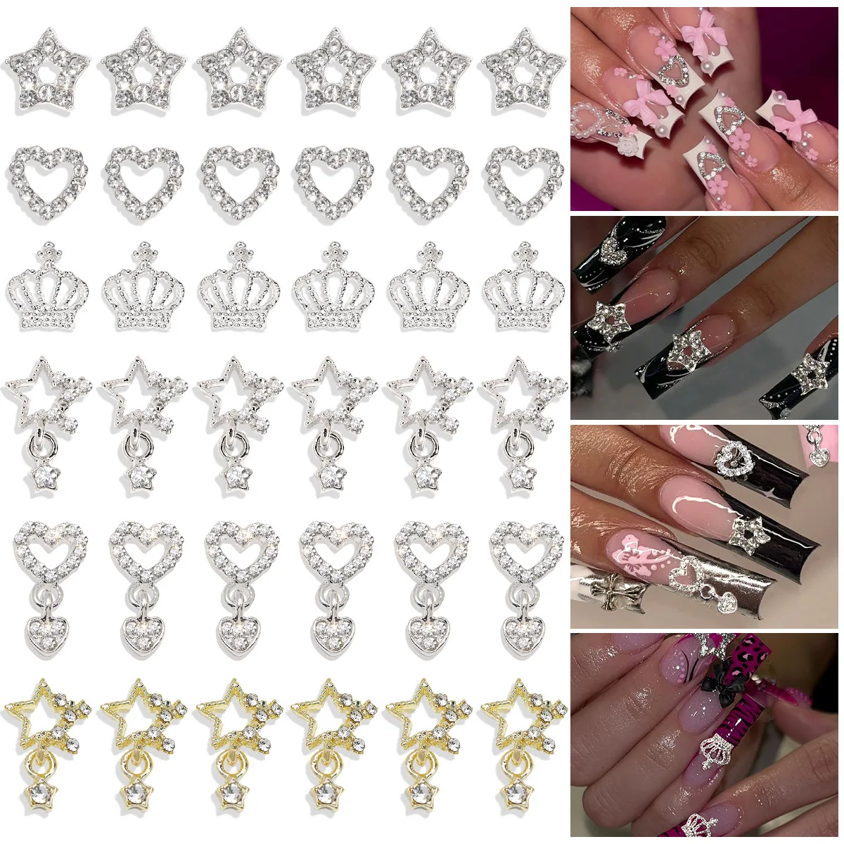 10/20pcs pentagramma Hearts accessori con cristallo per unghie ciondolo in lega cava in nastro d\'oro Nail Art Luxe ciondoli per Manicure fai da te