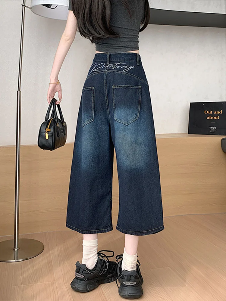 

Женские летние джинсы большого размера, новые, повседневные, с высокой талией, из хлопкового денима, с широкими штанинами, в стиле американского кроя, с прострочками и вставками.